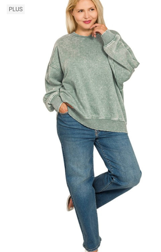Plus Size Acid Wash Oversized Fleece Pullover | Ash Jade