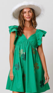 St. Patricks Rhinestone Clover Ruffle Mini Dress