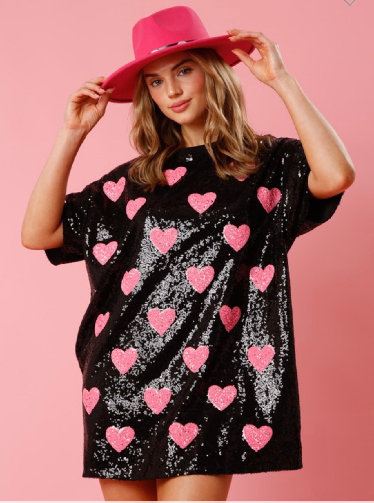 Pink Heart Sequins Shirt Dress
