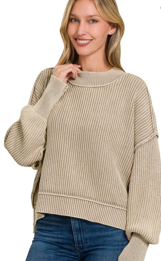 Washed Side Slit Oversized Cropped Sweater