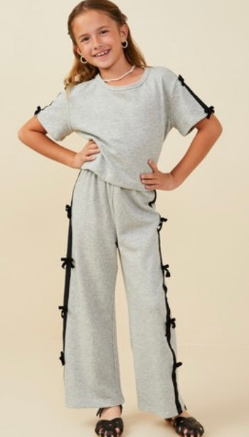 Girls Bow Trim Side Stripe Terry Top