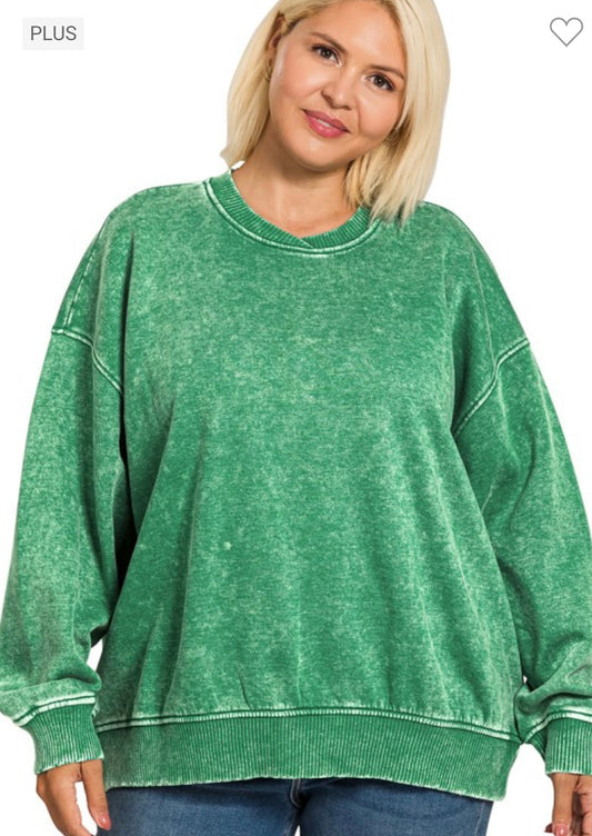 Plus Size Acid Wash Oversized Fleece Pullover | Forest