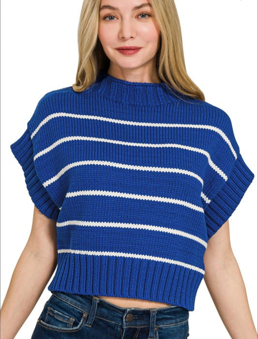 Striped Cropped Mock Neck Sweater | Light Navy