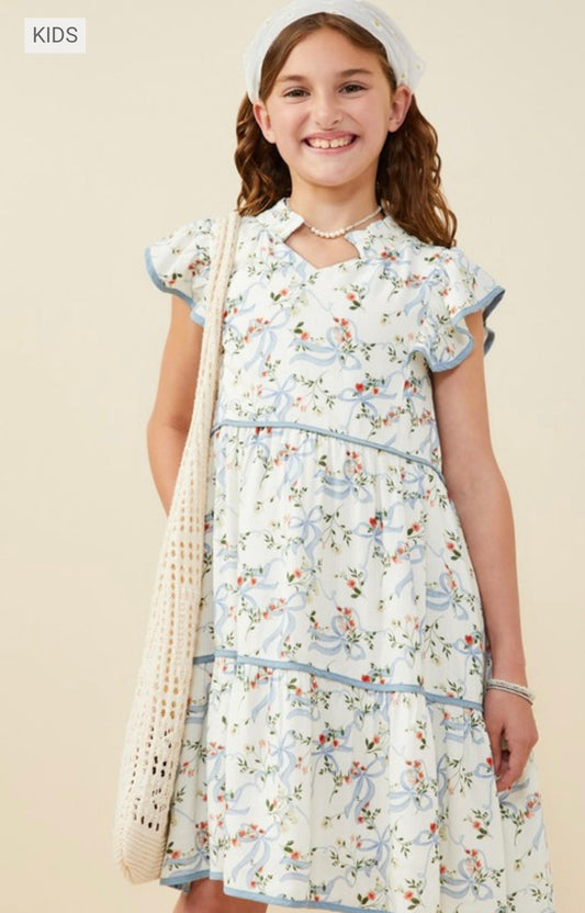 Girls Floral Ribbon Print Contrast Trim Dress