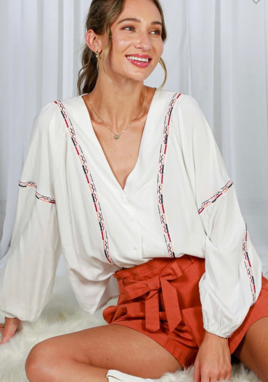 V-Neck Long Puff Sleeve Embroidered Blouse Top