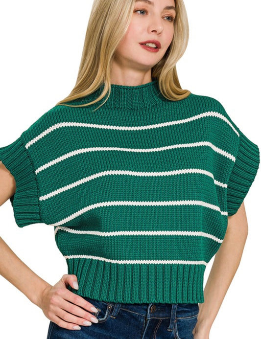 Striped Cropped Mock Neck Sweater | Hunter Green