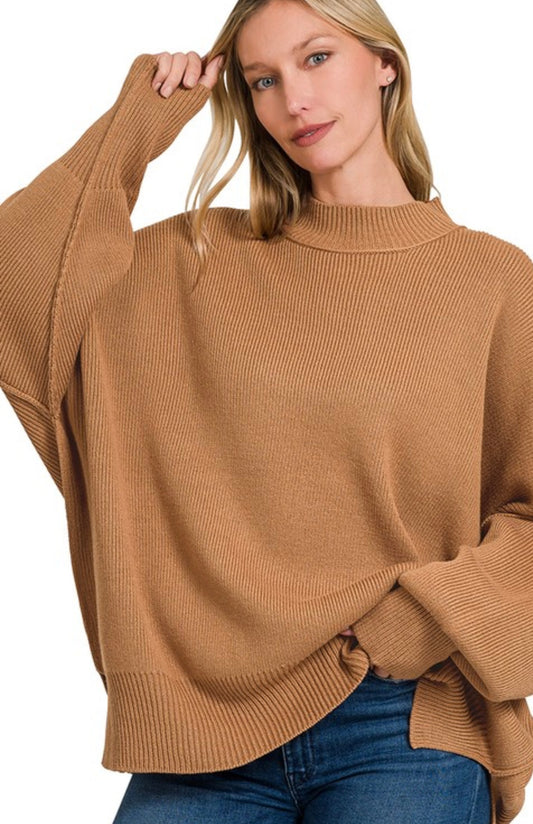 Side Slit Oversized Sweater | Deep Camel