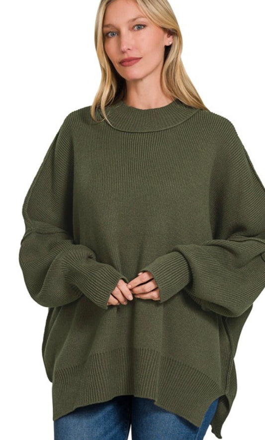 Side Slit Oversized Sweater | Dark Olive
