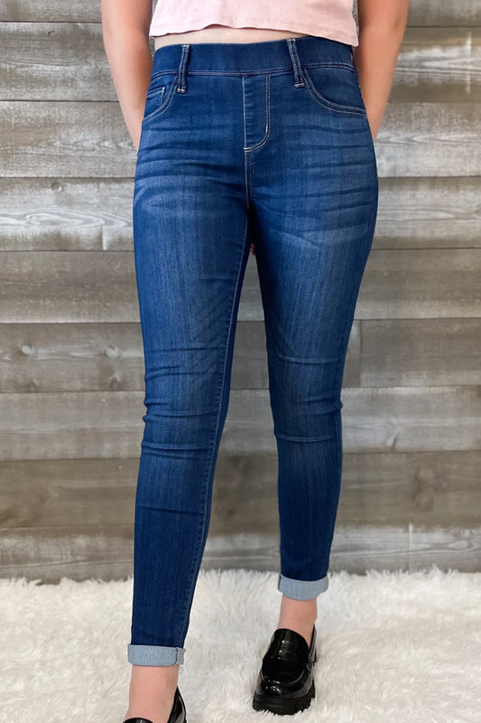 Cello Mid Rise Pull On Cropped Skinny with Rolled Hem Jeans