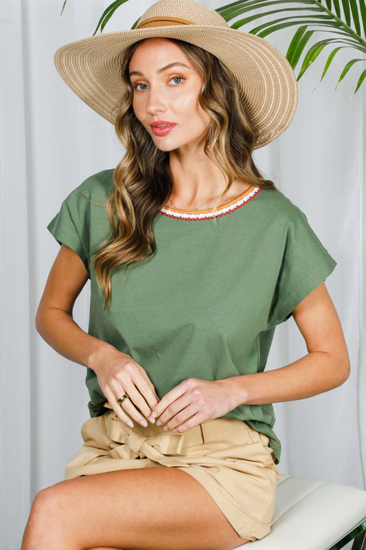Round Neck Braid Trim Detail Top - Olive