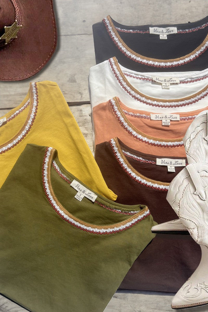 Round Neck Braid Trim Detail Top - Olive