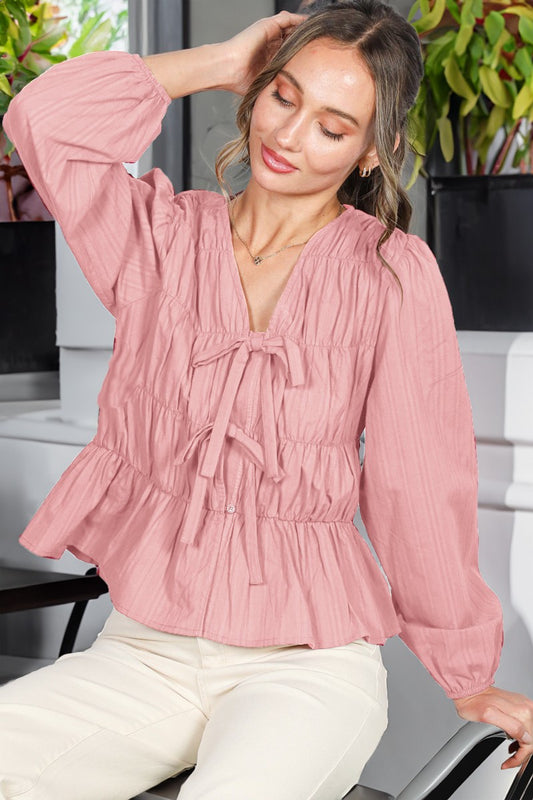 Front Tie Elastic Detail V-Neck Cotton Blouse - Blush