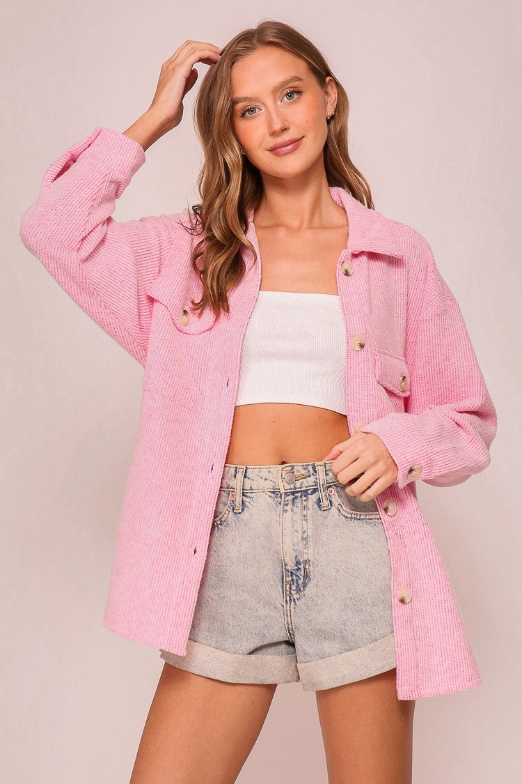 Pink Cozy Brushed Waffle Oversized Shacket