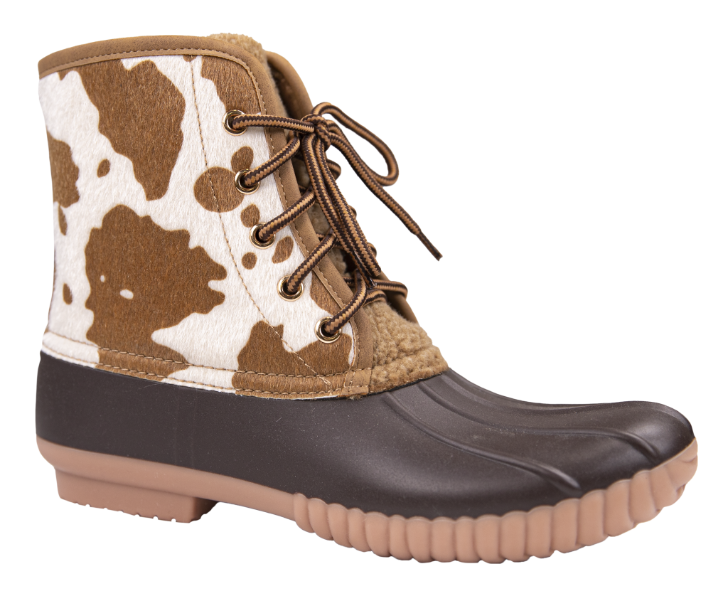 Simply Outdoors Lace Up Duck Boots in cow print