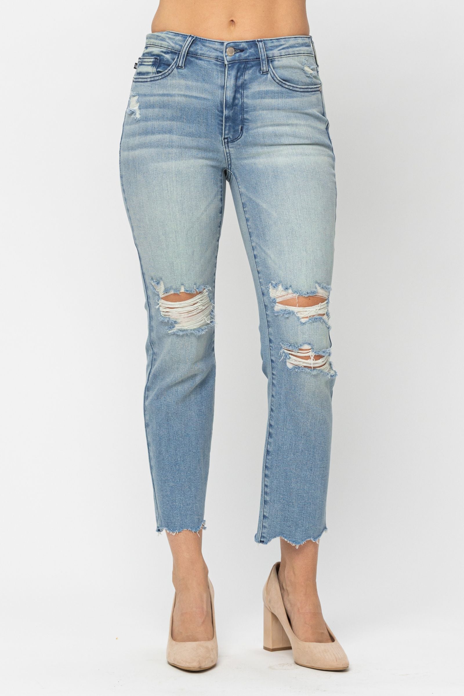 Curvy Judy Blue MID-RISE DESTROYED TINTED WASH CROP STRAIGHT