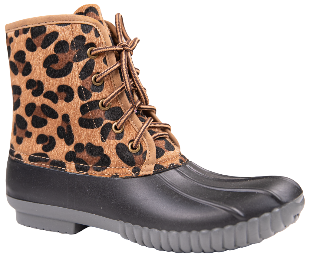Simply Outdoors Lace Up Duck Boots in leopard print